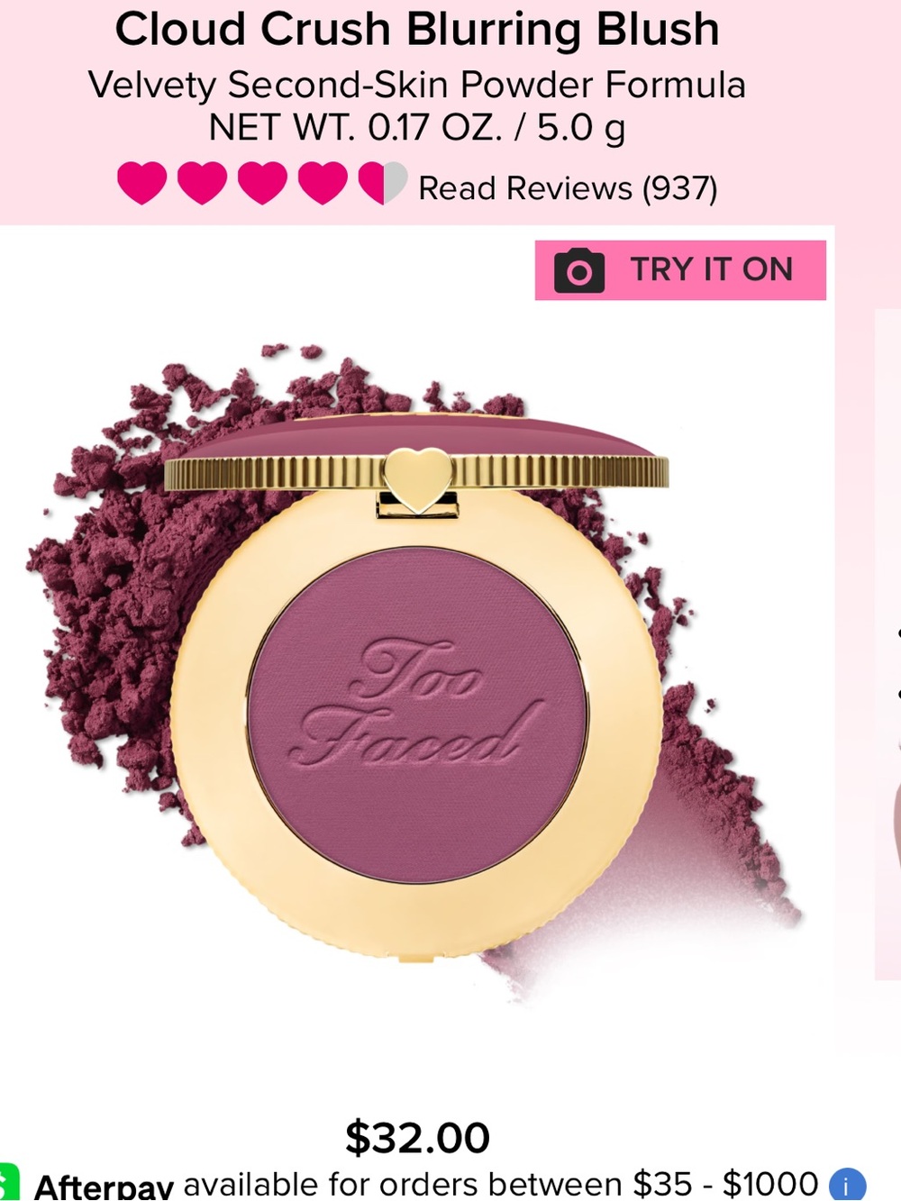 NIB Too Faced Cloud Crush Blurring Blush —Berry Dreaming matt 5g
